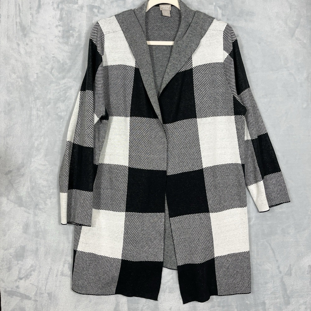 Chicos Zenergy Cashmere Blend Black White Patchwork Cardigan Hooded 2/ L‎